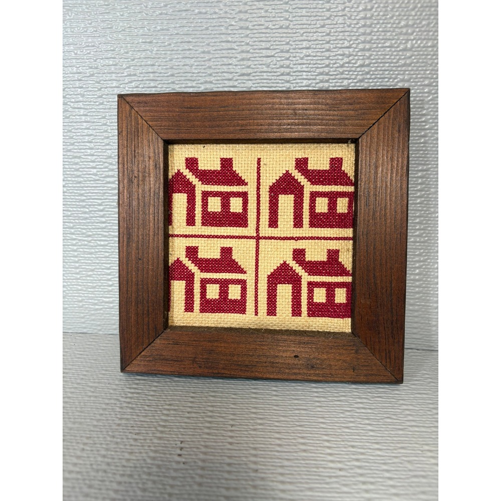 Vintage 1982 Anne Ulrich Handcrafted Cross Stitch Framed House Folk Art 7x7